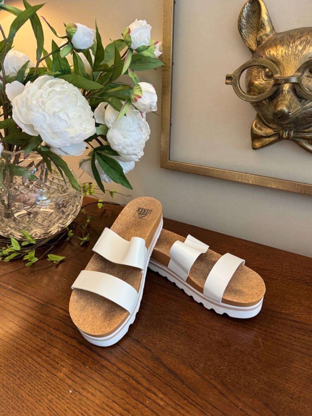 Reef White Double Strap Platform Slide Sandals